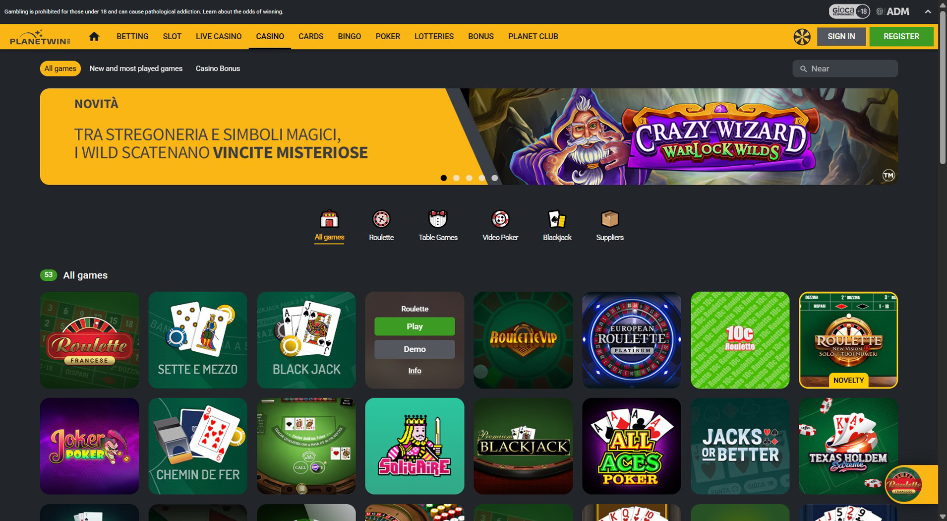 5. Planetwin365- Scelta del casinò mobile OVO